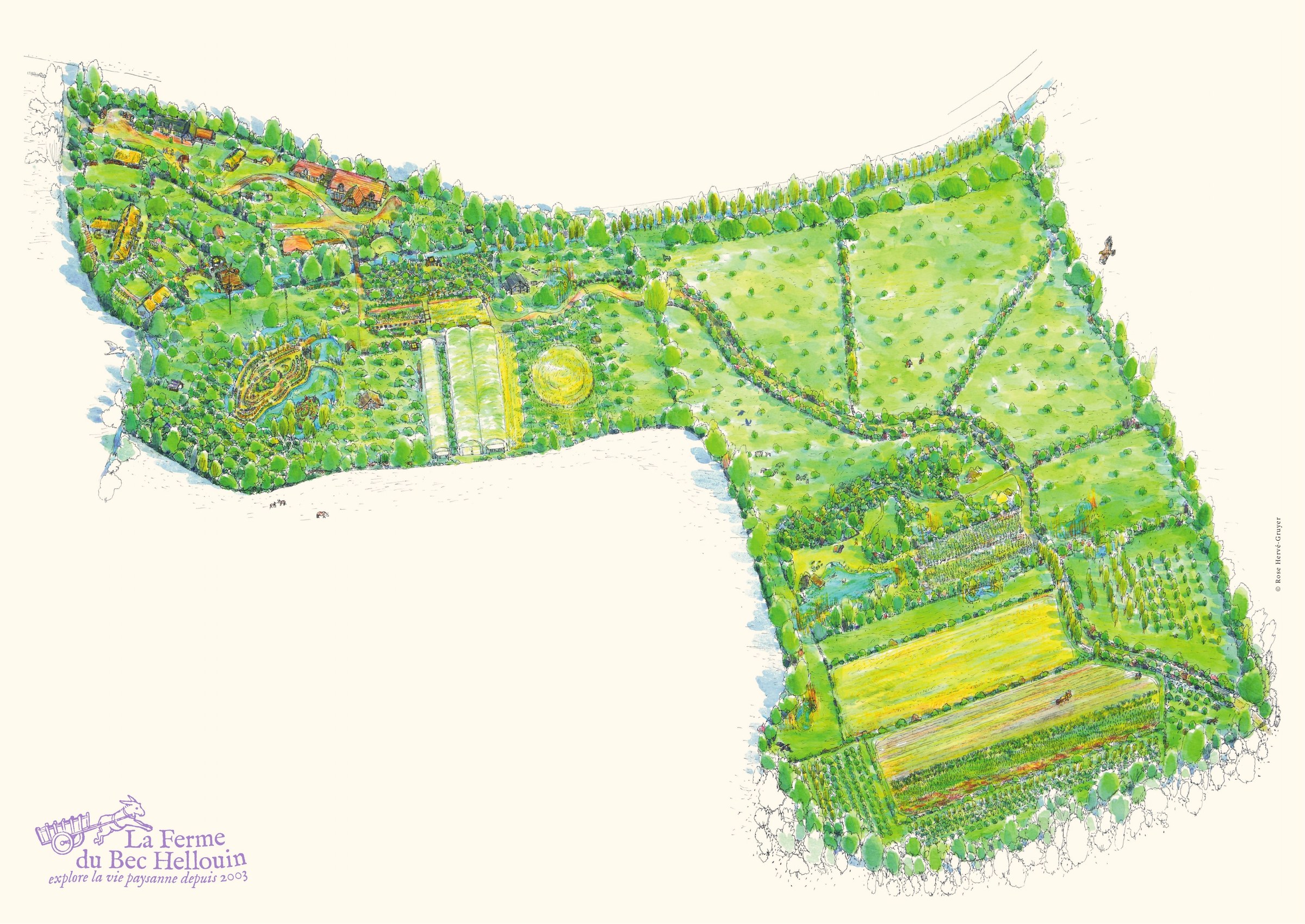 Vue aérienne illustrée de la Ferme du Bec Hellouin